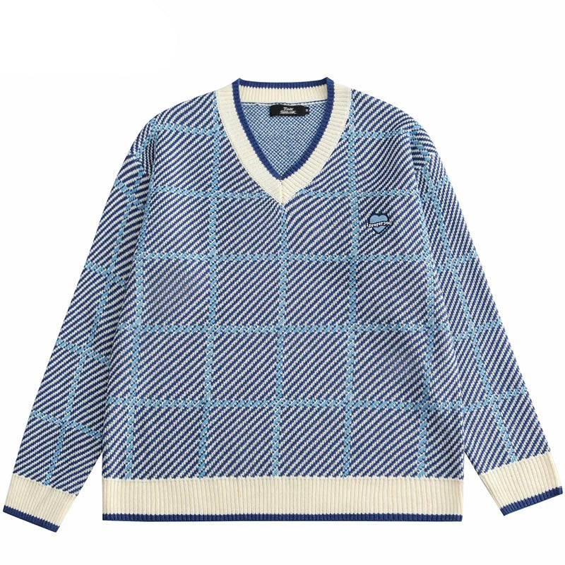 Men Hip Hop Knitted Sweater Streetwear Embroidery Heart Plaid Pullover 2023 Autumn Harajuku Cotton Casual Pullover Sweater Blue Street King Limited