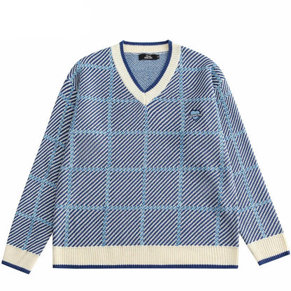 Men Hip Hop Knitted Sweater Streetwear Embroidery Heart Plaid Pullover 2023 Autumn Harajuku Cotton Casual Pullover Sweater Blue Street King Limited