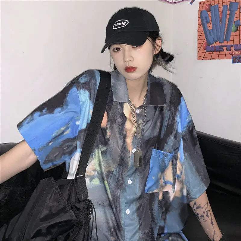 Korean style shirts for men and women 2024 new summer design niche retro tie-dye shirts loose short-sleeved tops trendy y2k tops Street King Limited
