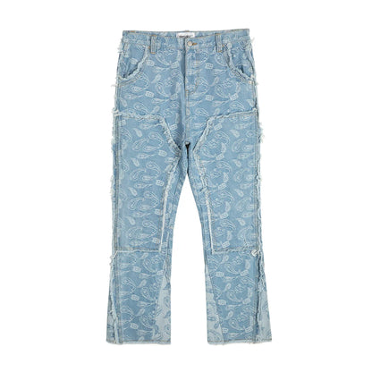 y2k frayed urban cashew flower full print patchwork baggy flare jeans for men straight pantalones hombre oversize denim trousers unique jeans style 3505