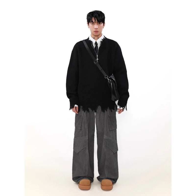 American High Street Mens Sweater 2024 New Autumn Half Zipper Fashion Knitted Tops Damaged Hip-hop Irregular Hem Pullover Street King Limited