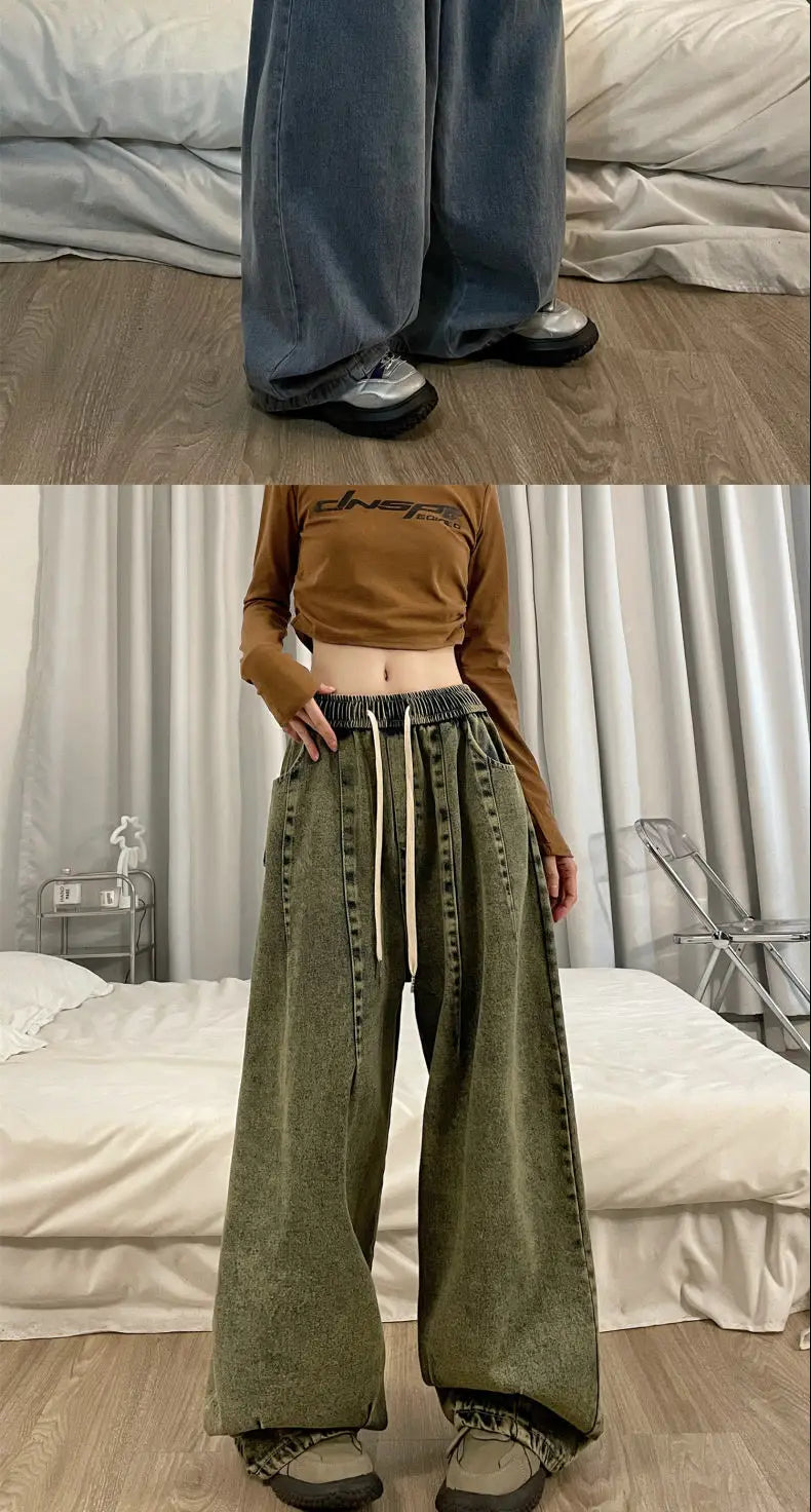 american retro trend personalized elastic band straight leg jeans for men and women loose and wide leg floor length casual pants unique jeans style 4539
