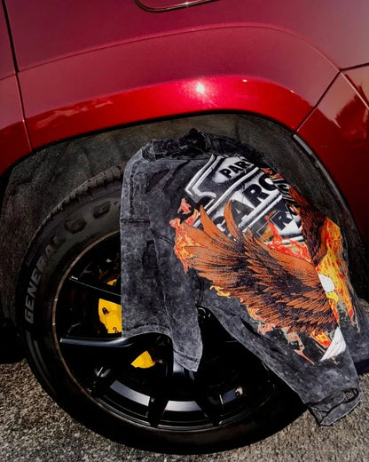 Y2k American High Street Fashion Brand Washed Short-sleeved Women Flame Eagle Print Oversized T-shirt Harajuku Hip-hop Tops Men Street King Limited