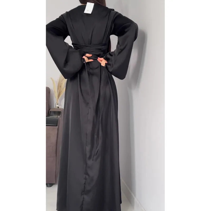 2024 Women Satin Long Dresses Sexy Lace Up Slim Evening Dresses Simple Round Neck Flare Sleeve Birthday Party Dresses For Women Street King Limited