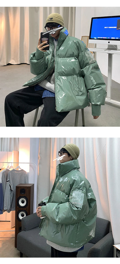 Winter Jacket Men Parkas Thicken Warm Coat Stand Collar Oversize Parkas Bright Leather Fabric Jacket Korean Style Padded Coat Street King Limited