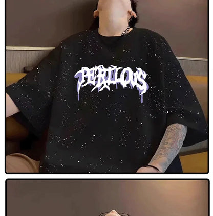Summer cotton loose round neck starry sky short sleeved men and women American street trend personalized printed T-shirt top Street King Limited