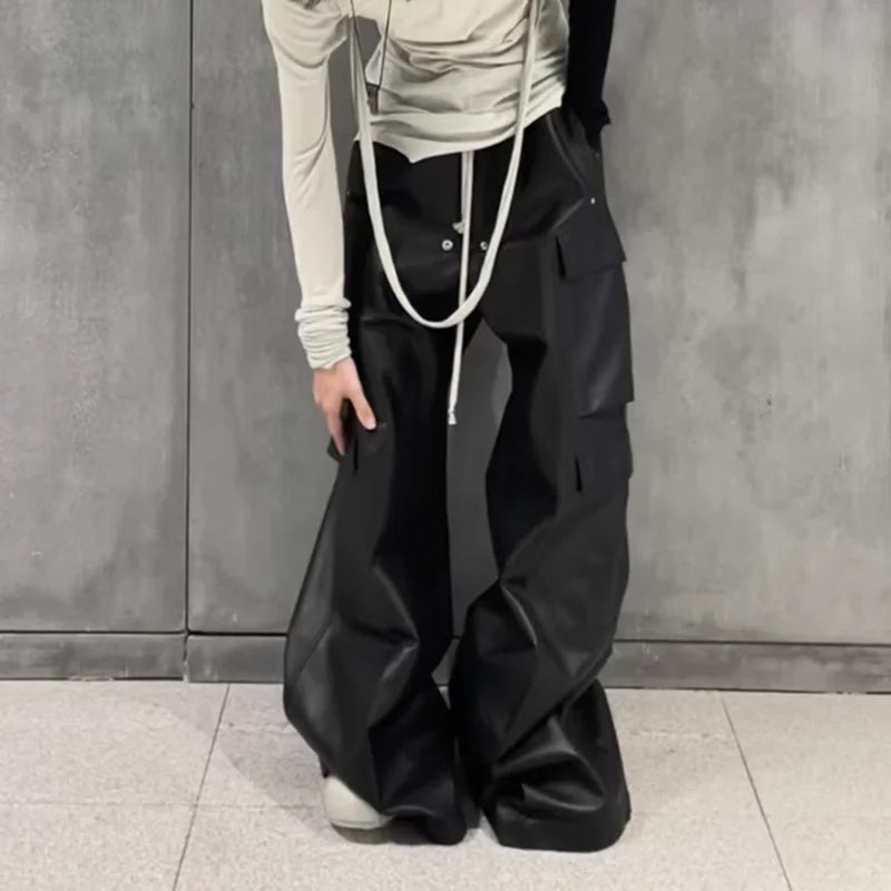 ro style matte pu leather pants for men high street y2k pantalones hombre baggy overall wide leg drawstring cargo pants unique cargo style 5468