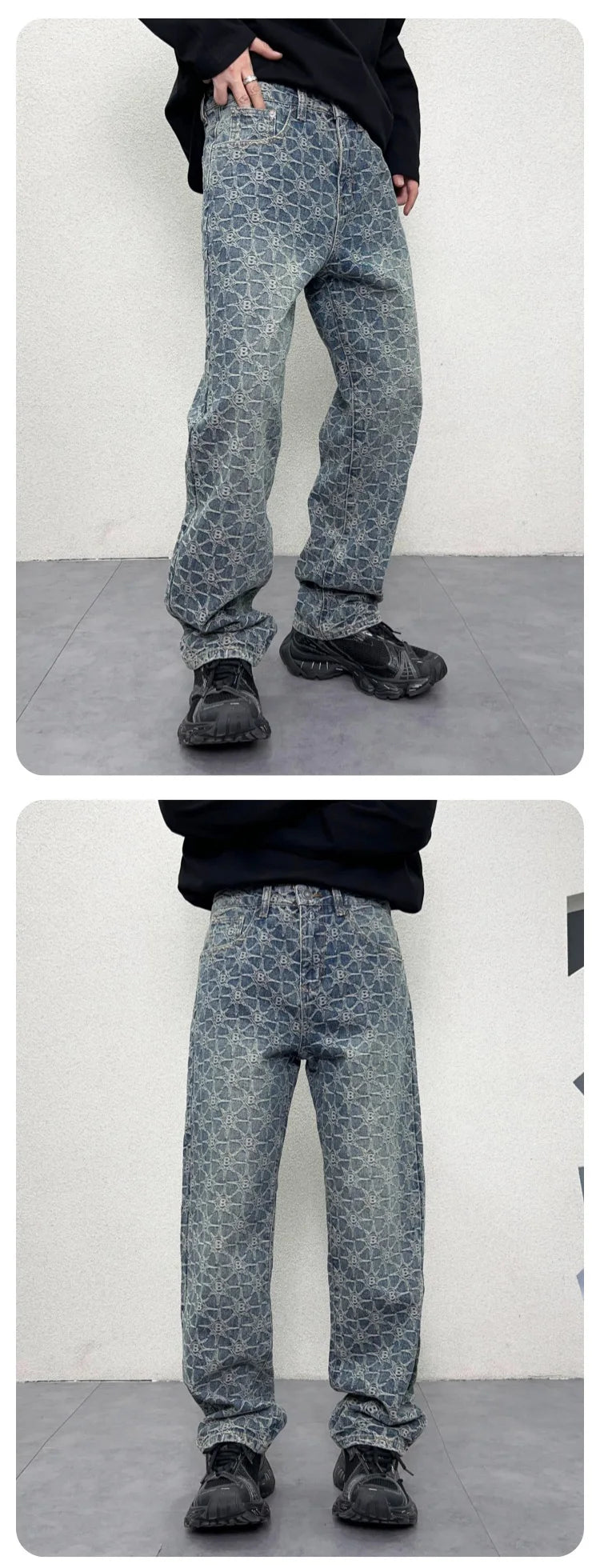 men jacquard streetwear hip hop vibe casual straight denim jeans pants boyfriend high street ripped jeans trousers unique jeans style 3022