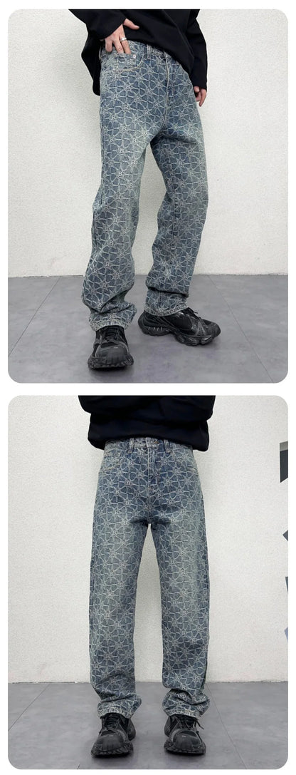 men jacquard streetwear hip hop vibe casual straight denim jeans pants boyfriend high street ripped jeans trousers unique jeans style 3022