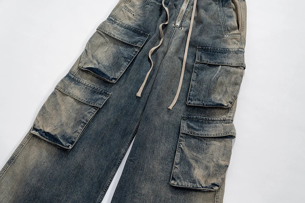 RO Style Gradient Ribbons Multi-pockets Drawstring Jeans for Men Harajuku Streetwear Baggy Y2K Denim Trousers Oversized Cargos Street King Limited