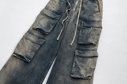 RO Style Gradient Ribbons Multi-pockets Drawstring Jeans for Men Harajuku Streetwear Baggy Y2K Denim Trousers Oversized Cargos Street King Limited