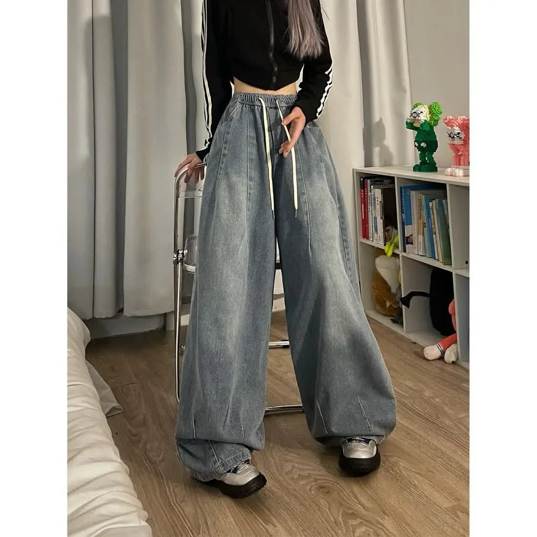 american retro trend personalized elastic band straight leg jeans for men and women loose and wide leg floor length casual pants urban skinny jeans