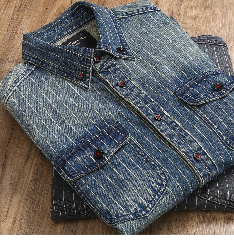Amekaji VIntage Denim Shirt Men Spring Autumn New Lapel Multi-pocket Blue Striped Long Sleeve Cargo Shirt  Casual Cardigan Tops Street King Limited