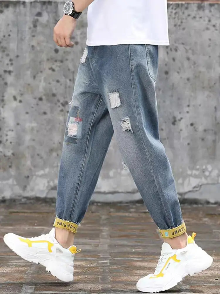 Men's Jeans with Holes Man Cowboy Pants Cropped Harem Hip Hop Trousers 2024 Korean Style Torn Ripped Broken Retro Classic pants Street King Limited