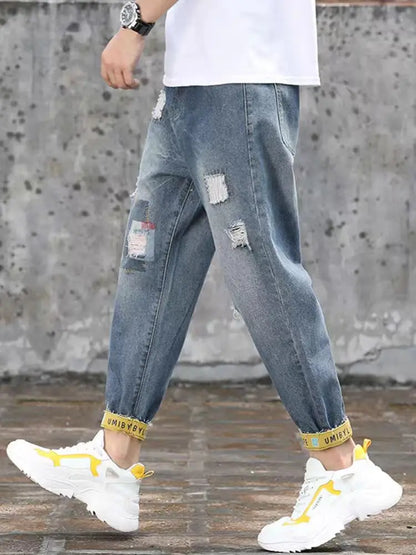 Men's Jeans with Holes Man Cowboy Pants Cropped Harem Hip Hop Trousers 2024 Korean Style Torn Ripped Broken Retro Classic pants Street King Limited