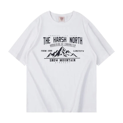 Summer New 220g Pure Cotton Short-Sleeved T-Shirt Men's Japanese Vintage Printed Round Neck Loose Top Street King Limited