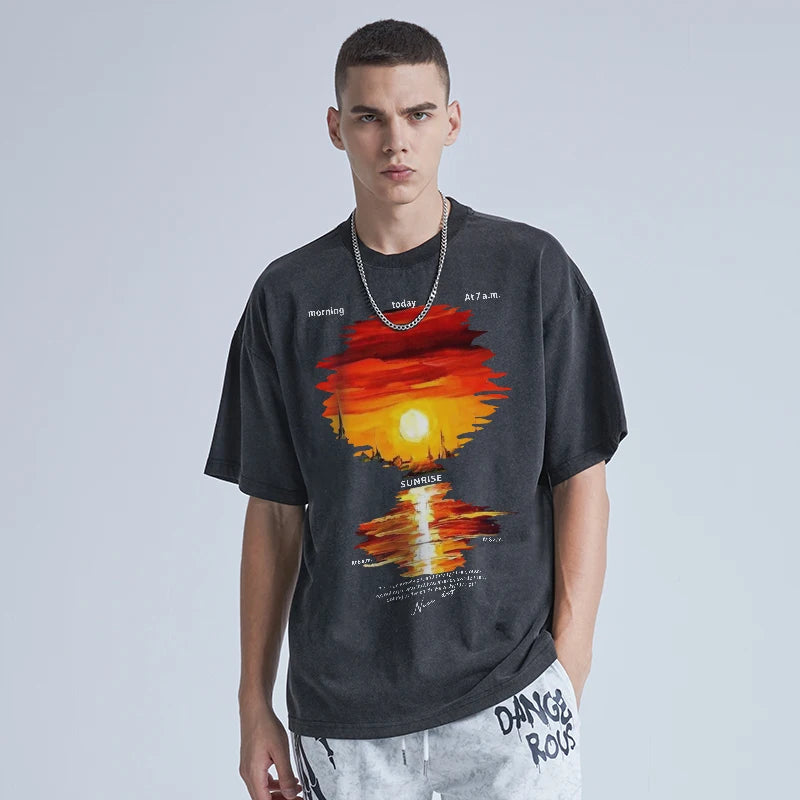 Rainbowtouches Washed T-shirt Men Fashion Design Printed Vintage Cotton Comfortable High Street Stylish Black Men's Clothing Street King Limited