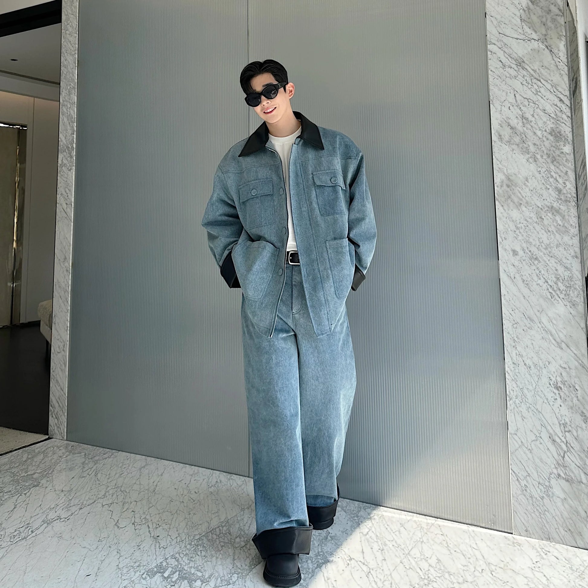 fashion show suits men streetwear washed denim splice loose casual jacket wide leg jeans pants 2 piece sets coat trousers suits unique jeans style 2628