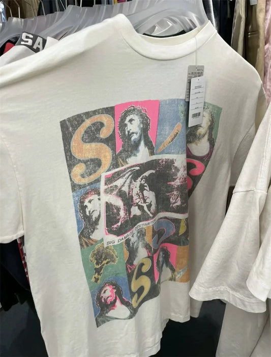 Y2K Vintage Style Graffiti Print Retro High-Street Casual Oversized Cotton Short Sleeved T-shirt Tops For Men Street King Limited