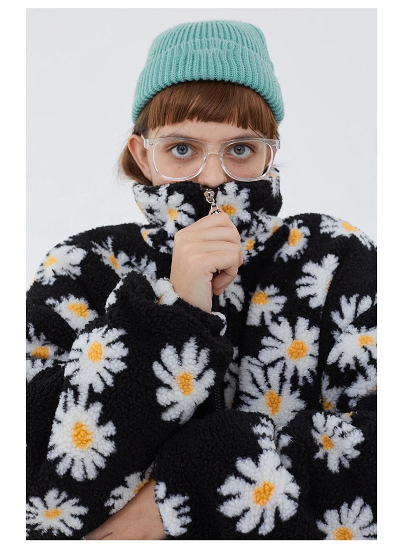 rainbowtouches cotton padded thick parkas jackets streetwear hip hop daisy print fleece warm full zip coats harajuku outwear unique default style 4404