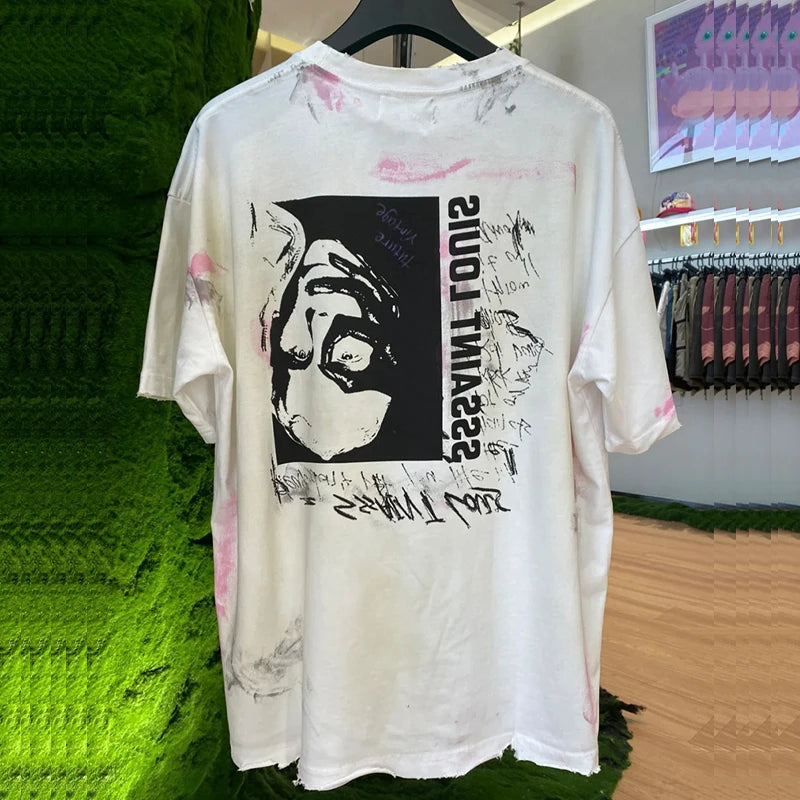 2024ss Saint Louis T-shirts Men Woman Good Quality Cotton Loose Wash White Nightmare Debris Printing Top Tees Street King Limited