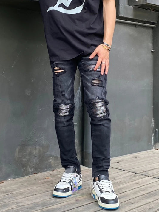 knee hole patckwork skinny denim jeans men slim biker trousers jeans fashion streetwear hip hop retro washed jean pants joggers sporty tapered joggers