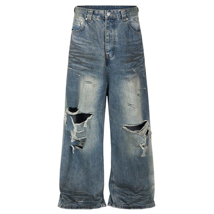 mens baggy jeans blue distressed ripped loose denim pants streetwear oversized hip hop jeans trousers unique jeans style 723
