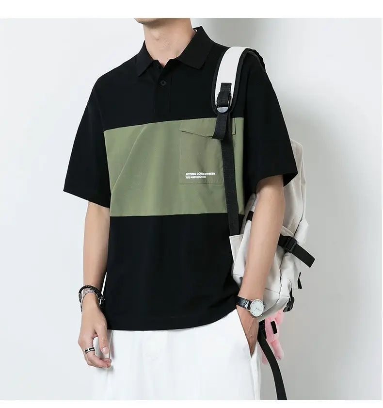 New polo shirt men's contrast color lapel spliced long sleeve t-shirt japanese large size loose sweatshirt bottoming shirt tops Street King Limited