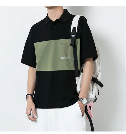 New polo shirt men's contrast color lapel spliced long sleeve t-shirt japanese large size loose sweatshirt bottoming shirt tops Street King Limited