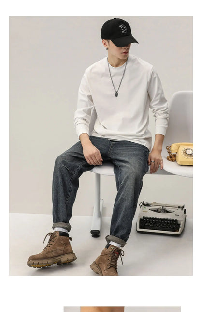 Cotton Long-Sleeved T-Shirt Men's Spring And Autumn Basic Solid Color Inner Loose Sweatshirt Men's White Bottoming Shirt Street King Limited