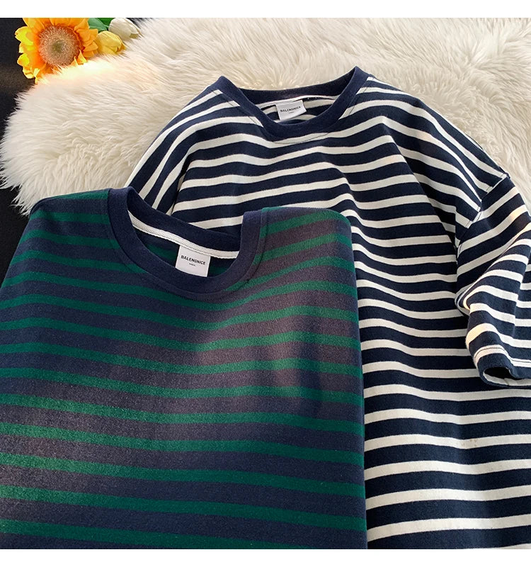 Japanese Striped Contrasting Color Short-Sleeved T-Shirt Men's Summer Pure Cotton 280g Heavy Loose Half-Sleeved T-Shirt Street King Limited