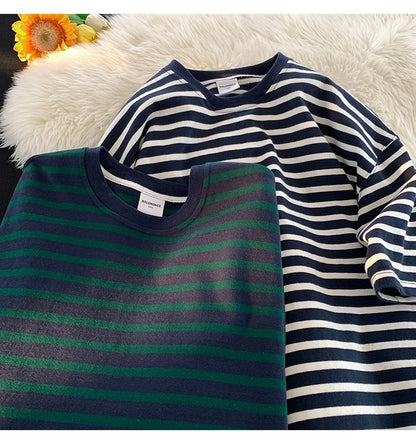 Japanese Striped Contrasting Color Short-Sleeved T-Shirt Men's Summer Pure Cotton 280g Heavy Loose Half-Sleeved T-Shirt Street King Limited