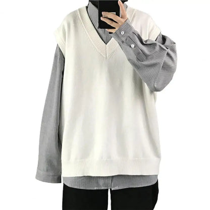 Men Sweater Vest V Neck Solid Color Sleeveless All Match Spring Sweater for School Male Pullovers Men's Clothing Streetwear Street King Limited