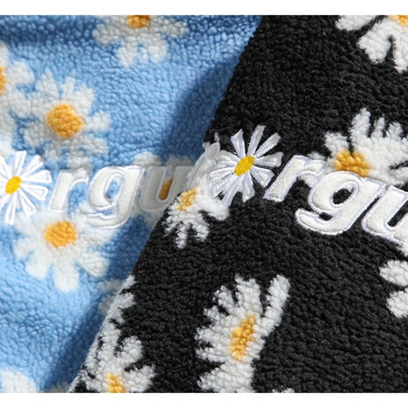 rainbowtouches cotton padded thick parkas jackets streetwear hip hop daisy print fleece warm full zip coats harajuku outwear relaxed fit trousers