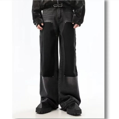Summer Slim High Street Jeans Mens Washed Rough Edge Patchwork Straight Cowboy Pants Pockets Design Rivets Denim Trousers Thin Street King Limited