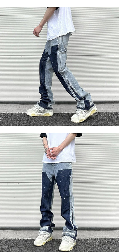Harajuku Black Graffiti Flared Jeans Pants Patches Hip Hop Splashed Ink Wide Jeans Trousers Blue Slim Fit Washed Jeans for Men Street King Limited