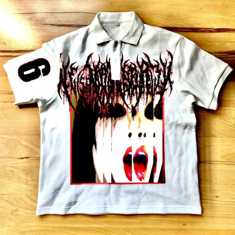 Y2k Harajuku Hip-hop Retro Cartoon Printed Lapel Short-sleeved Top Street Loose Casual Trendy Brand Versatile Couple T-shirt Street King Limited