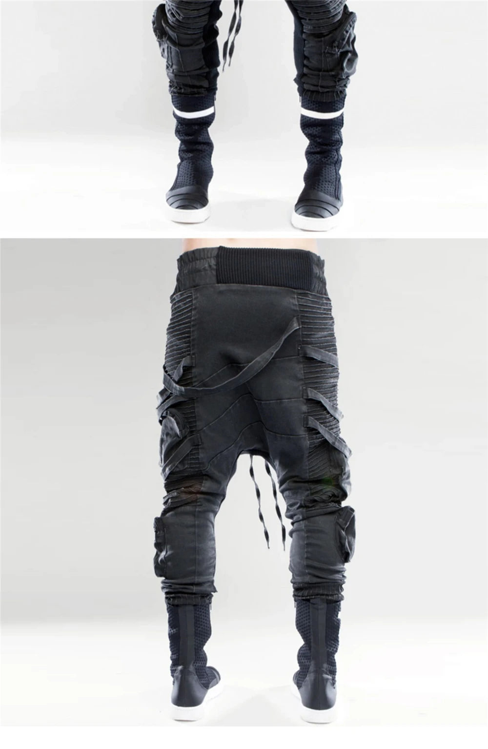 vintage motorcycle trousers joggers mens asymmetric straped pleated cross pants function elastic waist trousers unique joggers style 3591