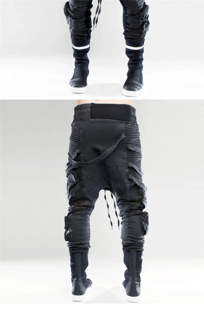 vintage motorcycle trousers joggers mens asymmetric straped pleated cross pants function elastic waist trousers unique joggers style 3591