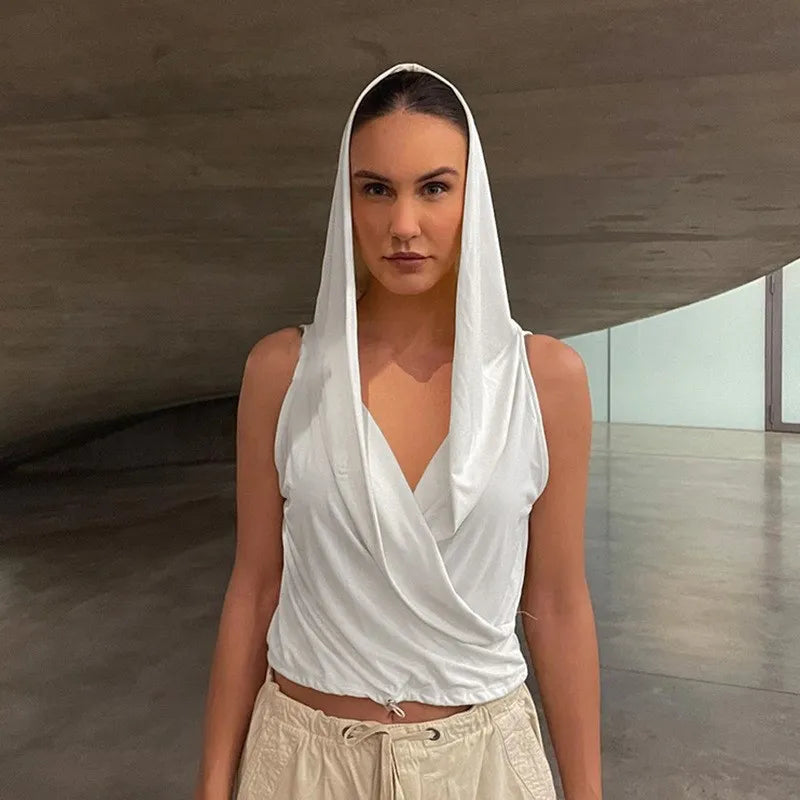 Ins Net Red With Sexy Drawstring Waist Hooded Sweatshirt Solid Color Simple Sleeveless Hot Girl Wind Casual Short Tops Street King Limited
