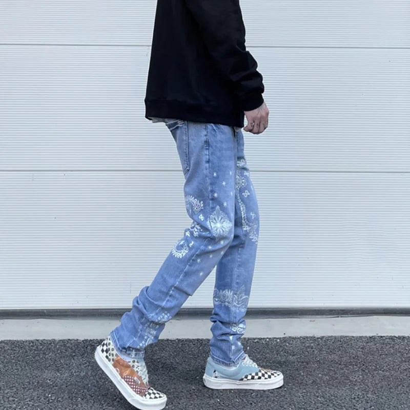 mens high street paisley print denim jeans casual hip hop distressed jeans slim fit skinny denim pants joggers streetwear men urban active pants