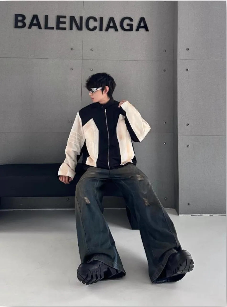 street american color block mens jacket 2024 new autumn zipper patchwork shoulder pads racing coats motorcycle windbreaker unique default style 3225