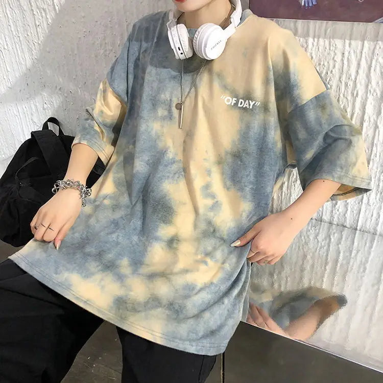 Summer national trend hip-hop tie-dye short-sleevedstyle Korean version ins loose couple's five-point half-sleeved T-shirt top Street King Limited