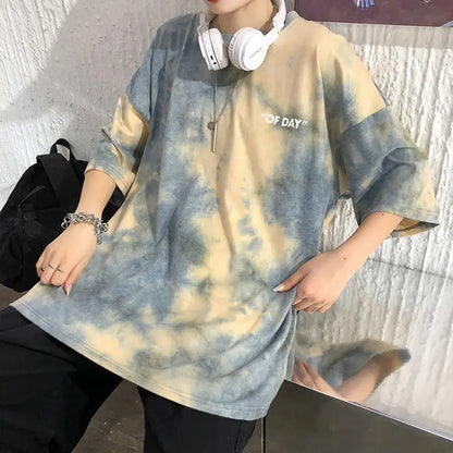 Summer national trend hip-hop tie-dye short-sleevedstyle Korean version ins loose couple's five-point half-sleeved T-shirt top Street King Limited