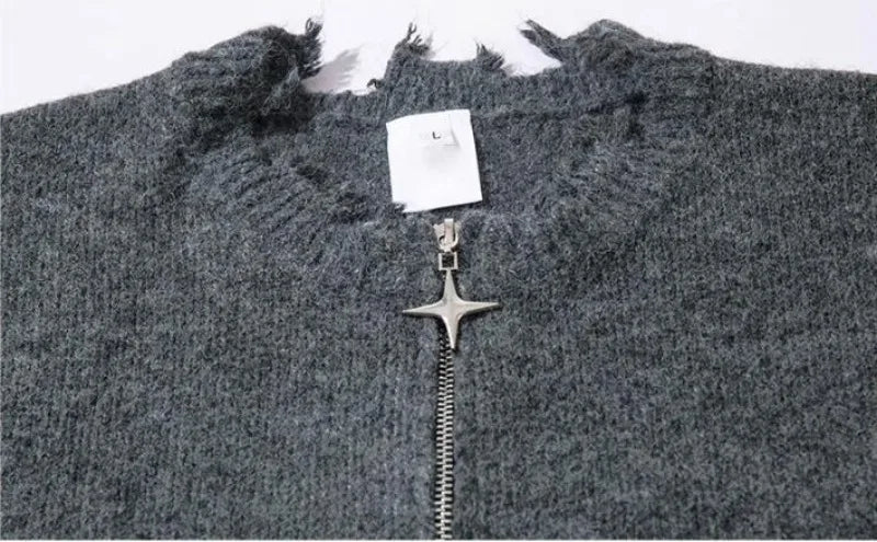 American High Street Mens Sweater 2024 New Autumn Half Zipper Fashion Knitted Tops Damaged Hip-hop Irregular Hem Pullover Street King Limited