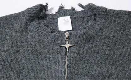 American High Street Mens Sweater 2024 New Autumn Half Zipper Fashion Knitted Tops Damaged Hip-hop Irregular Hem Pullover Street King Limited