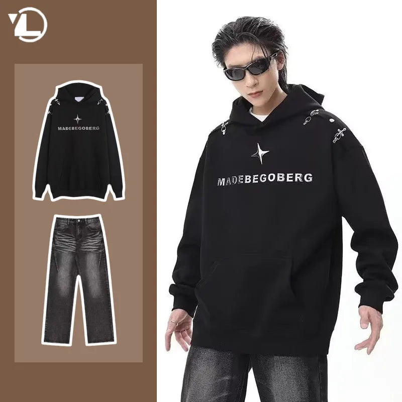 mens autumn hoodie set oversized high street hooded pullover hip hop straight leg jeans 2 piece 2023 street couple fashion suit unique jeans style 4119