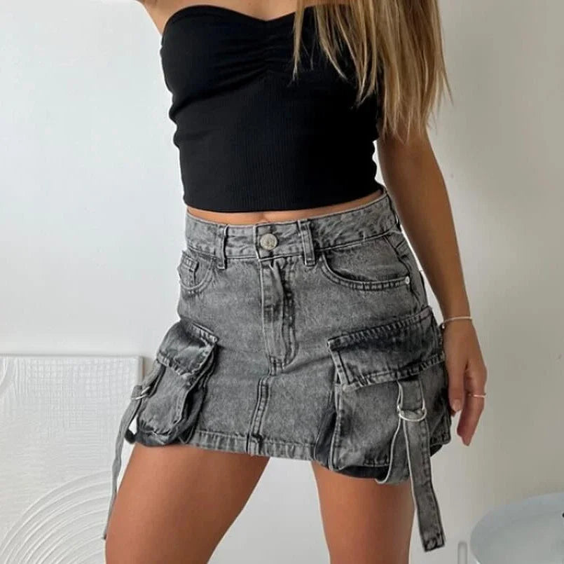 Harajuku Vintage Gothic Y2K New Fashion Skirt Women Sexy Hot Girl High Waist Slim Mini Skirt Multi Pocket Denim Skirt StreetWear Street King Limited