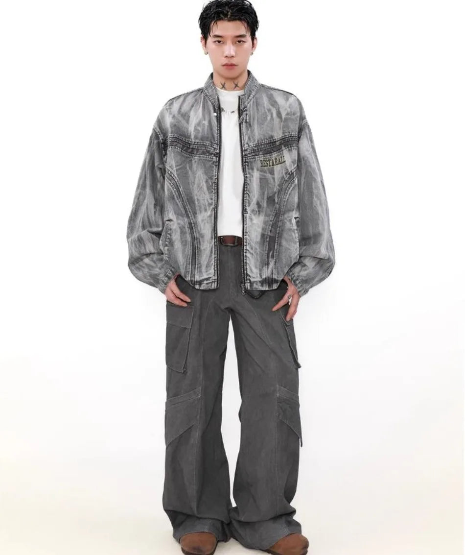 autumn high street washed denim jacket mens vintage graffiti printing stand collar motorcycle coats patchwork punk cowboy tops unique jeans style 3566