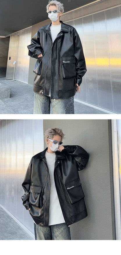 spring autumn vintage cool soft pu leather moto jacket men luxury designer clothes motorcycle trendy jacket with pockets unique default style 5955